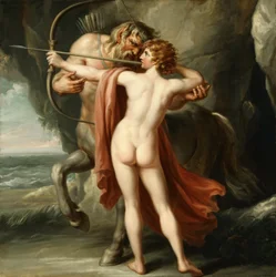 弓でアキレスを指導するカイロン